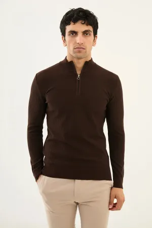 Brabion Marco Textured Slim Fit Zippered Half Turtleneck Brown Knitwear Sweater
