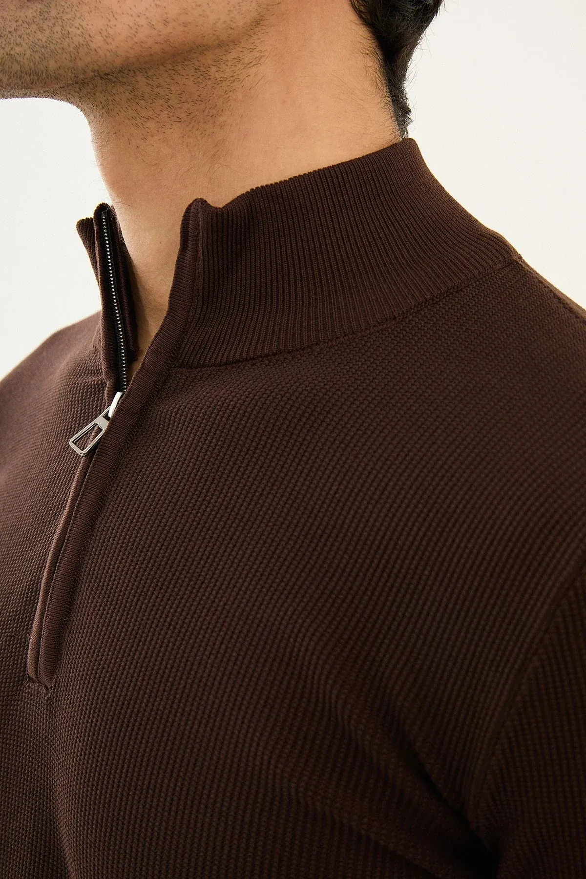 Brabion Marco Textured Slim Fit Zippered Half Turtleneck Brown Knitwear Sweater