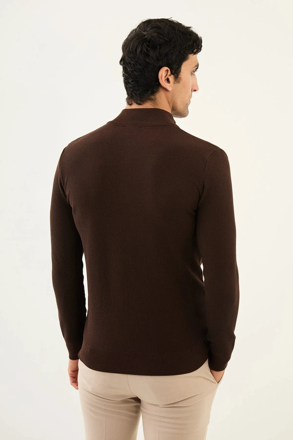 Brabion Marco Textured Slim Fit Zippered Half Turtleneck Brown Knitwear Sweater