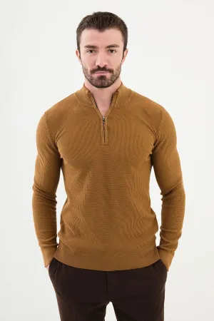 Brabion Marco Textured Slim Fit Zippered Half Turtleneck Camel Knitwear Sweater
