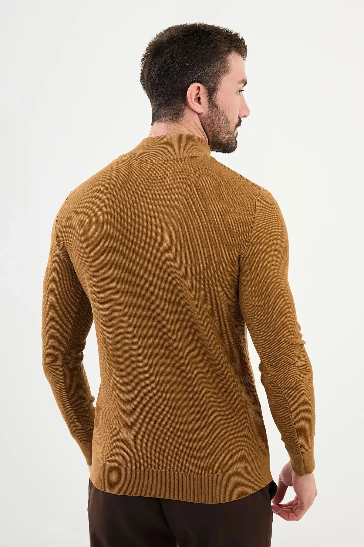 Brabion Marco Textured Slim Fit Zippered Half Turtleneck Camel Knitwear Sweater