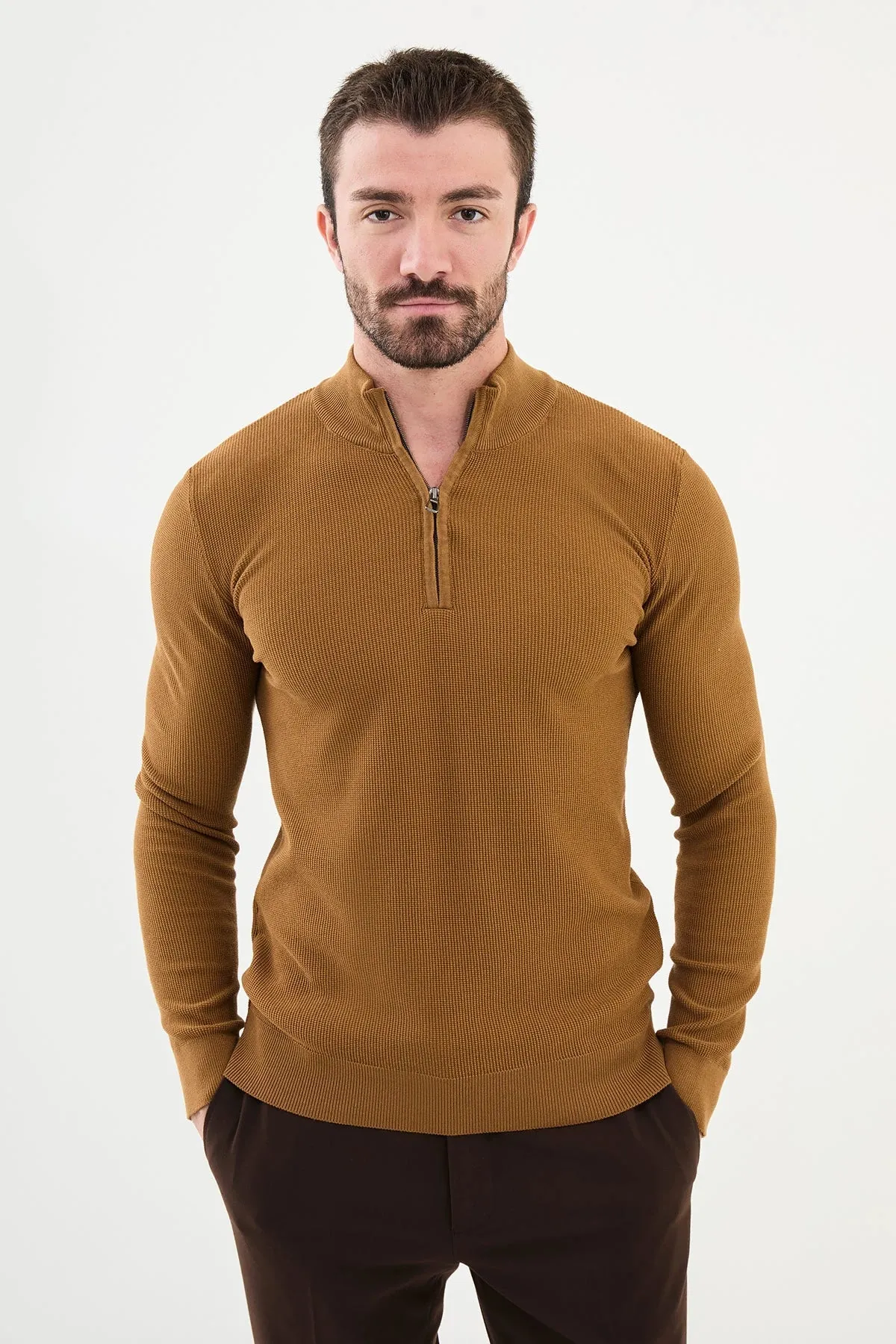Brabion Marco Textured Slim Fit Zippered Half Turtleneck Camel Knitwear Sweater