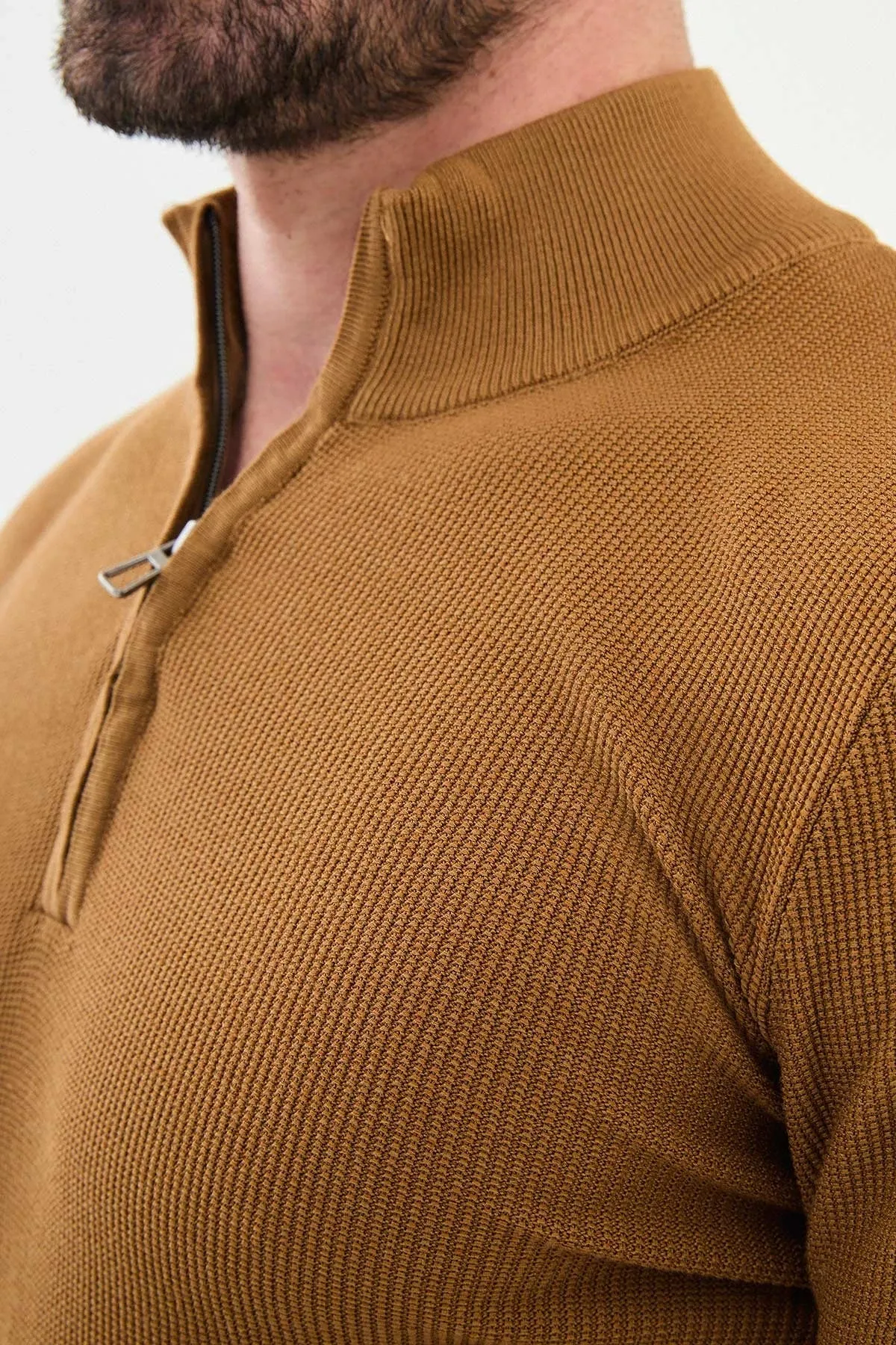 Brabion Marco Textured Slim Fit Zippered Half Turtleneck Camel Knitwear Sweater