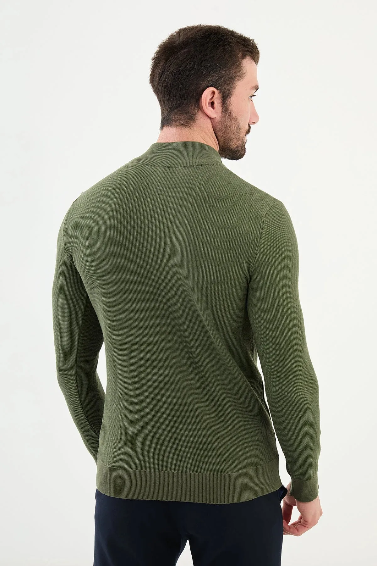 Brabion Marco Textured Slim Fit Zippered Half Turtleneck Khaki Knitwear Sweater