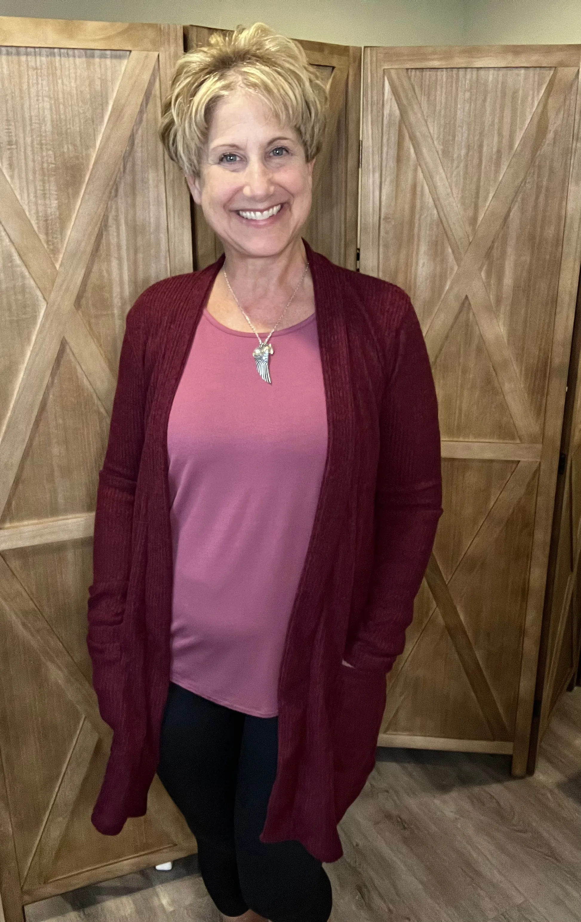 Brushed Ribbed Pocket Cardigan in Burgundy