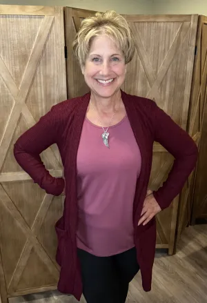 Brushed Ribbed Pocket Cardigan in Burgundy