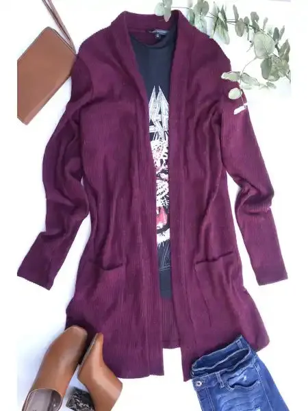 Brushed Ribbed Pocket Cardigan in Burgundy
