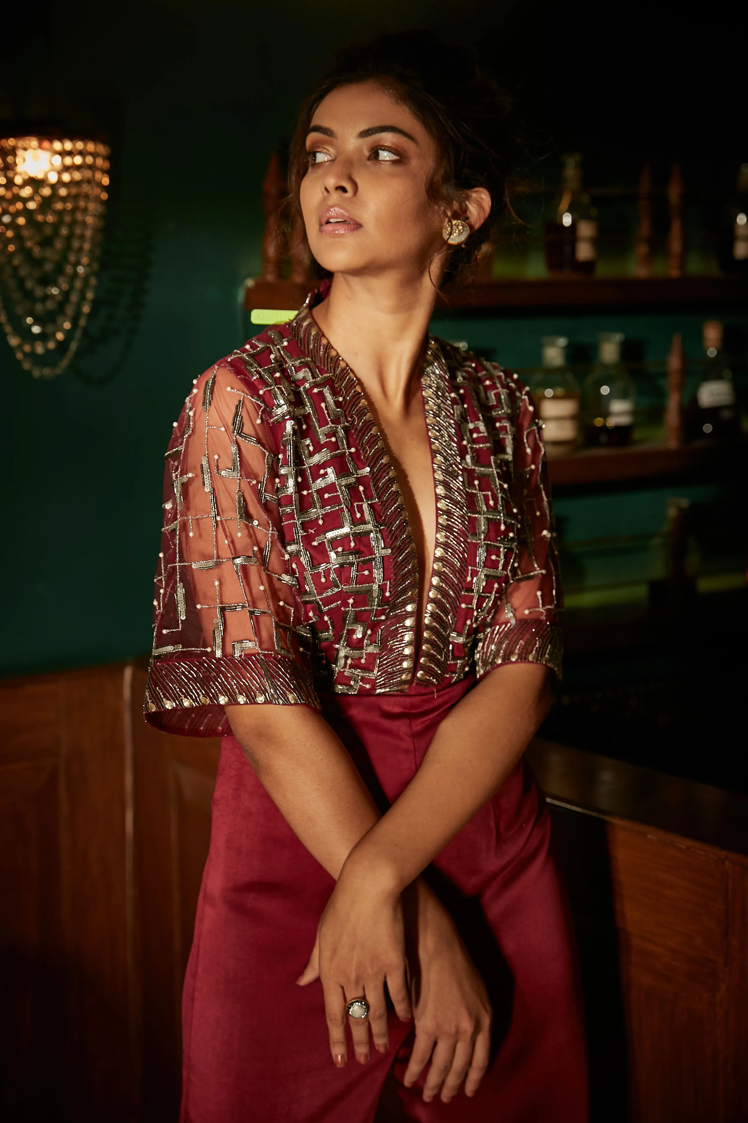 Burgundy Jumpsuit With Flared Sleeves