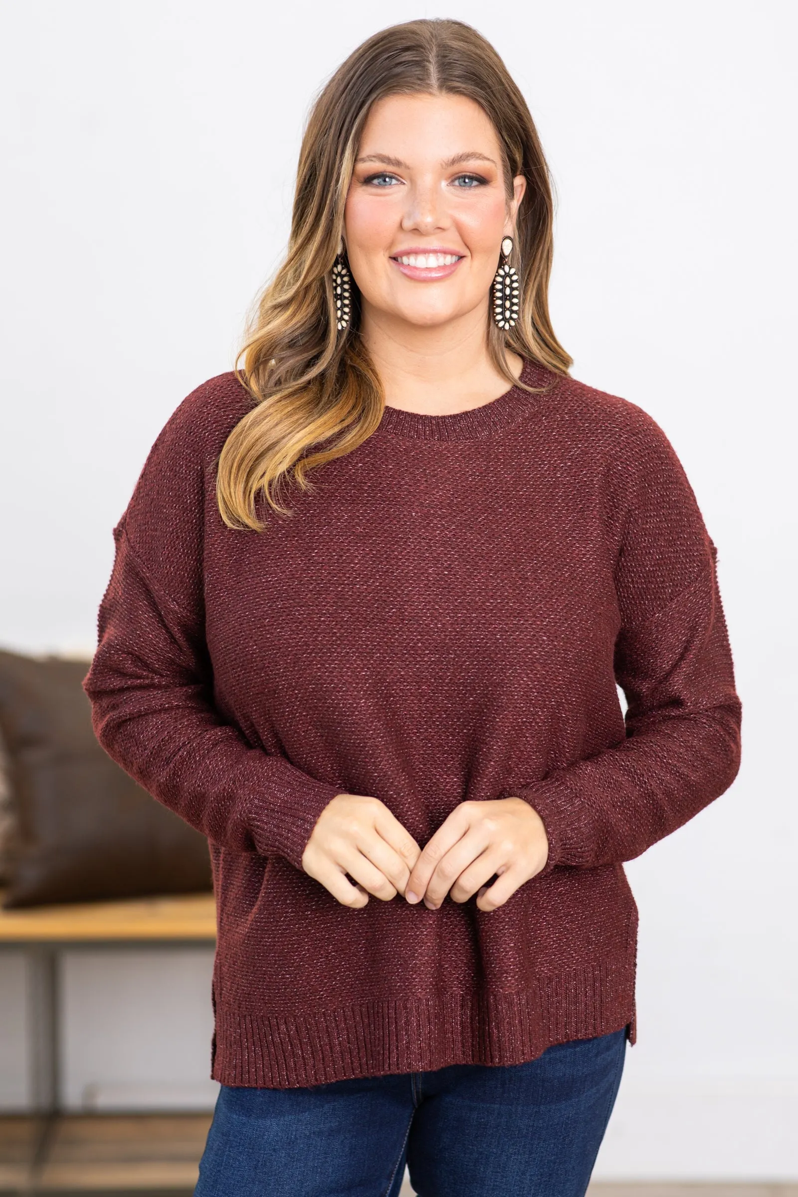 Burgundy Ribbed Trim Round Neck Sweater