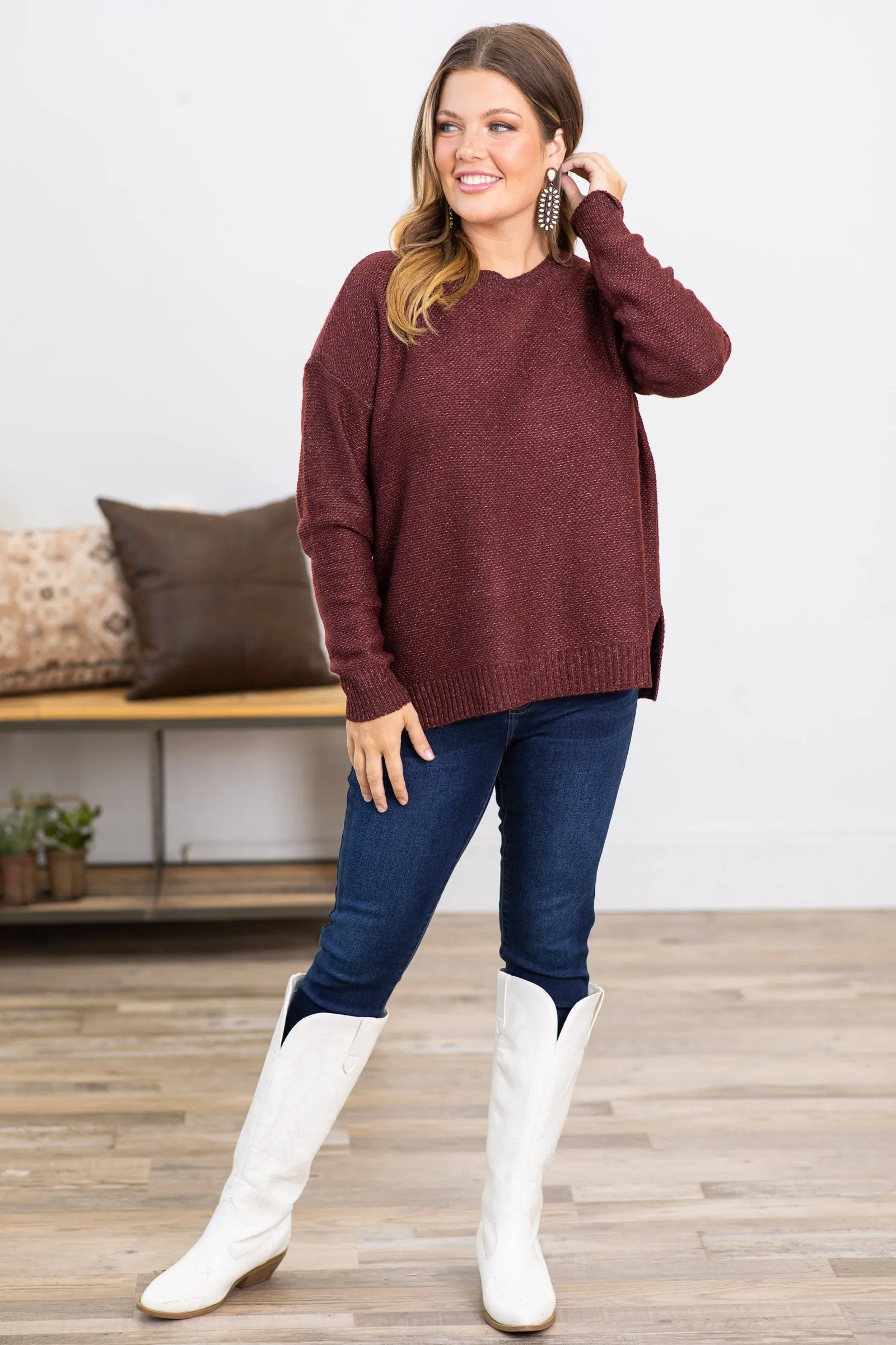 Burgundy Ribbed Trim Round Neck Sweater