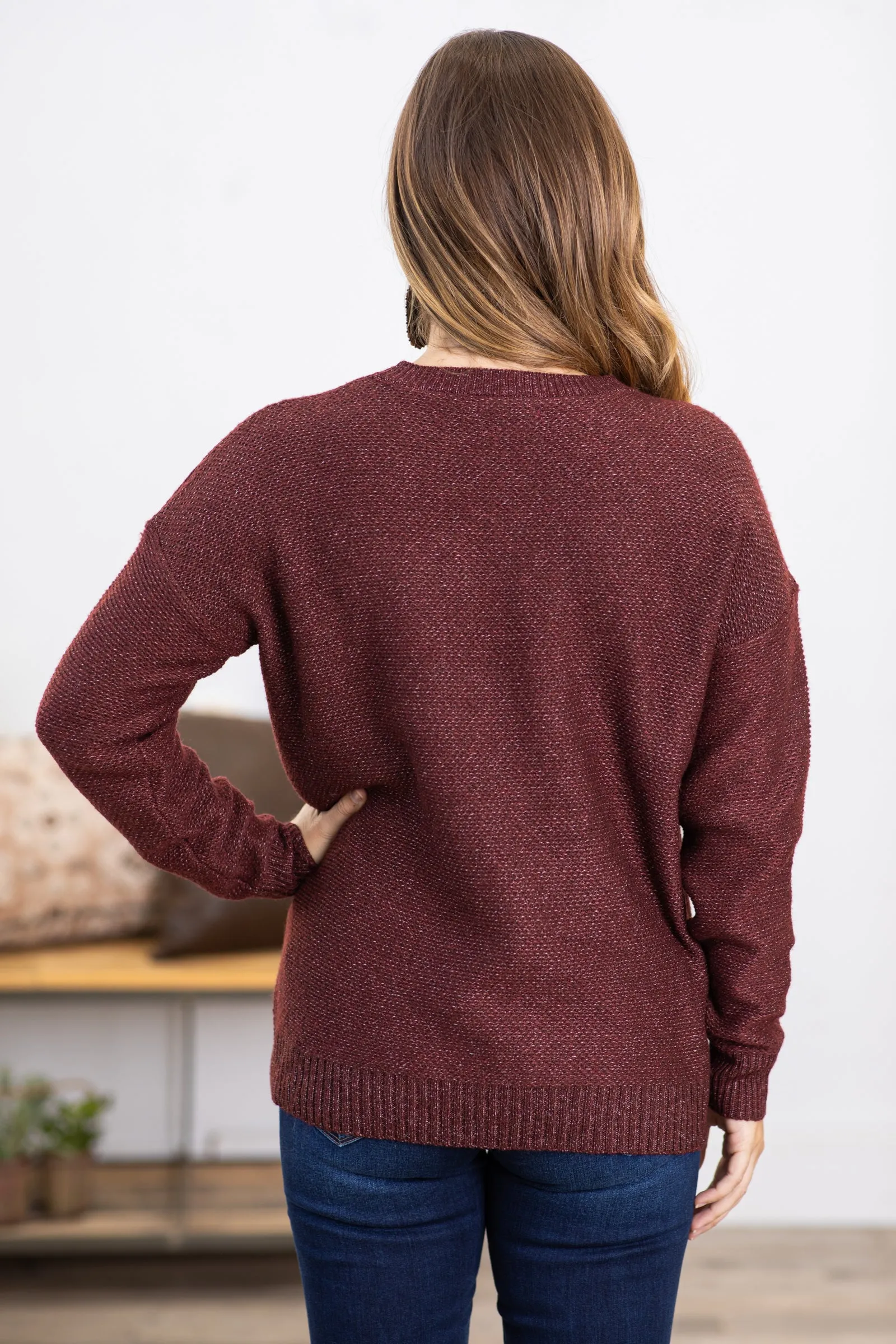 Burgundy Ribbed Trim Round Neck Sweater