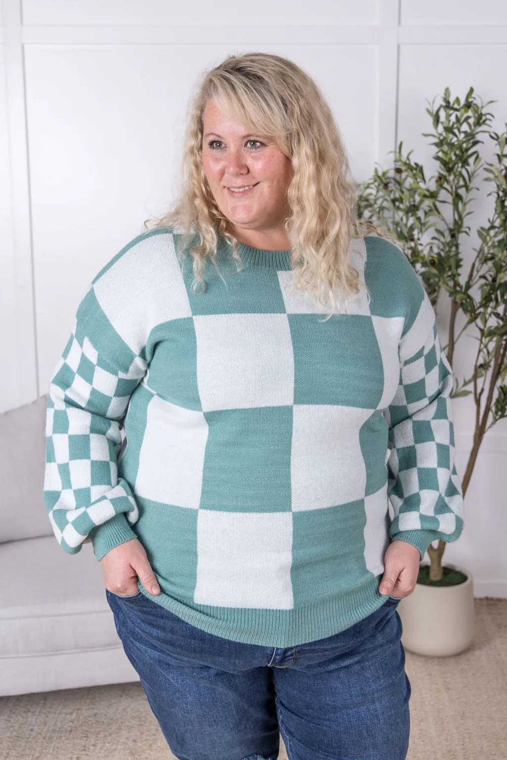 Checkered Pullover Sweater - Dusty Jade