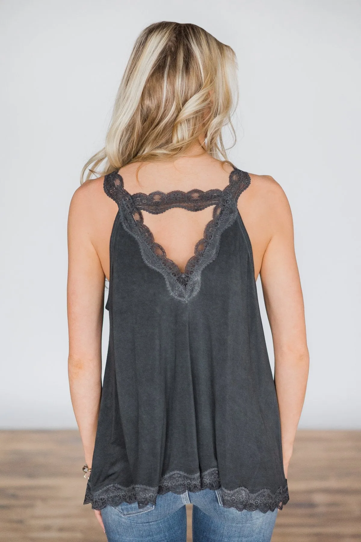 Cherished Moment Lace Tank - Charcoal