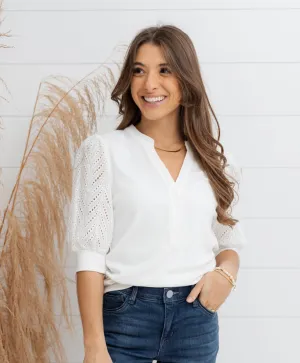 Chevron Eyelet Puff Sleeve Ribbed Henley Top