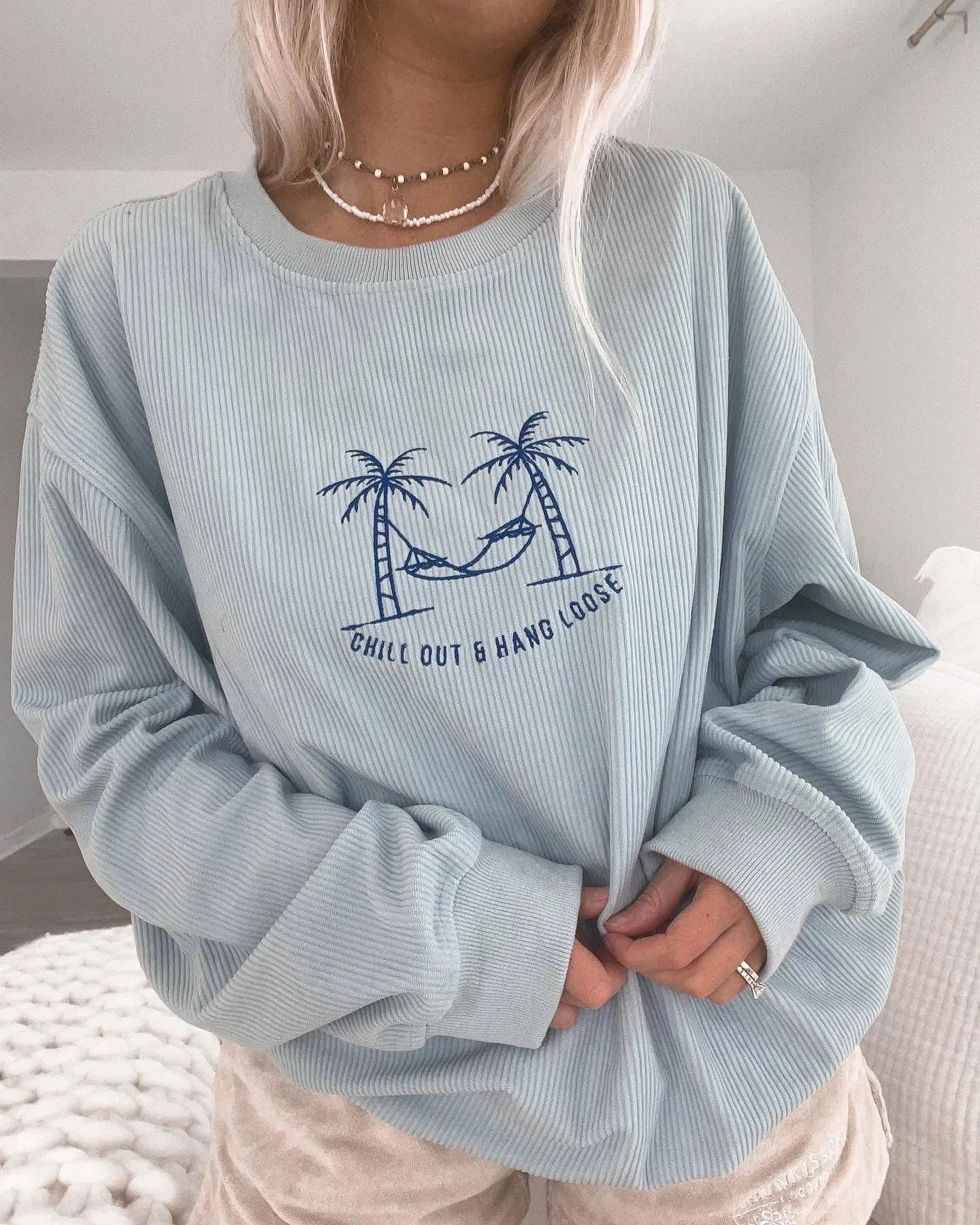 Chill Out and Hang Loose Corduroy Crewneck: Opal Blue