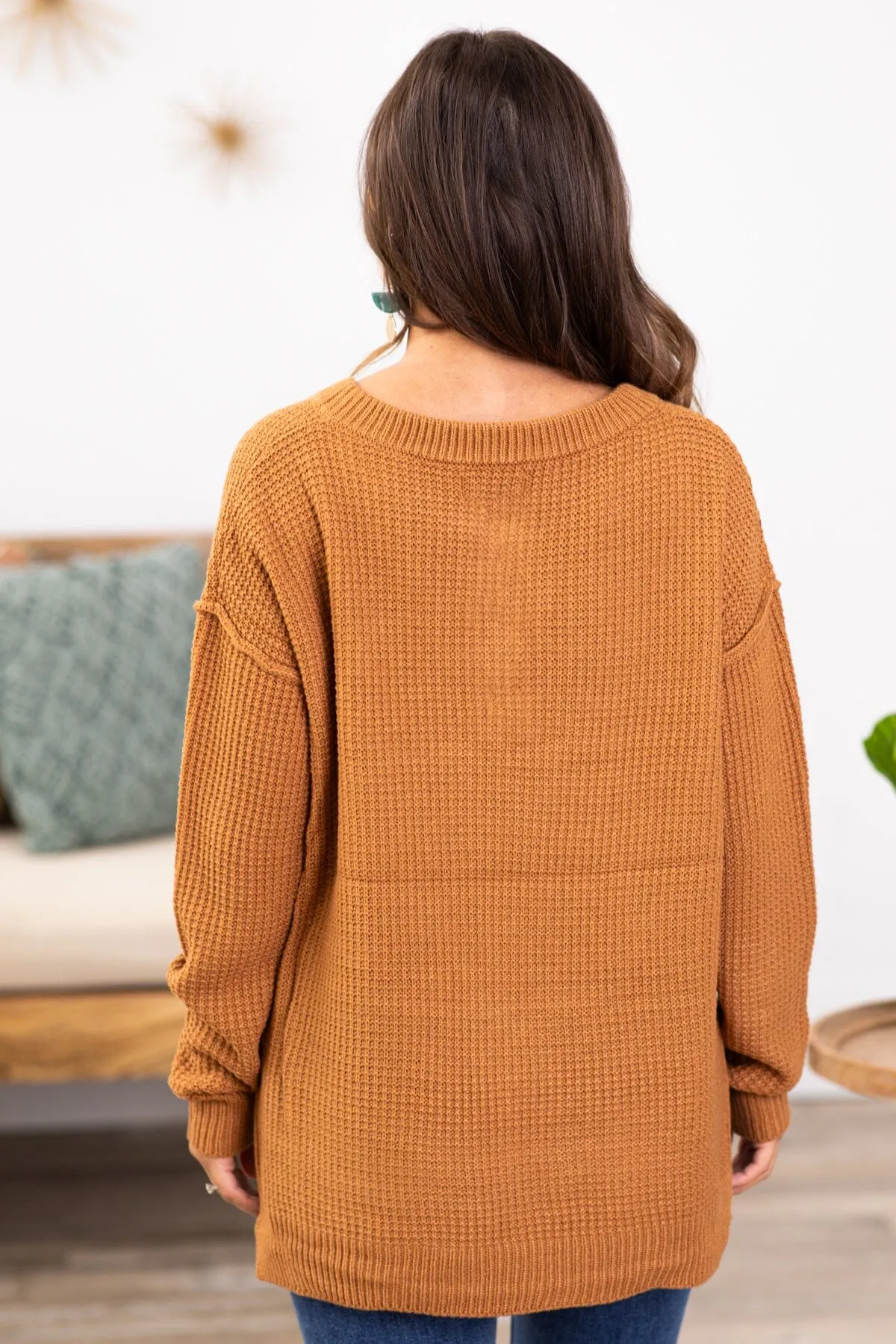 Cinnamon Waffle Knit Sweater With Buttons