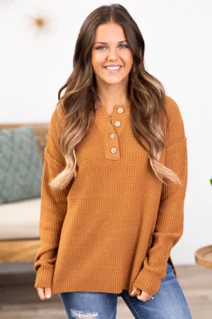 Cinnamon Waffle Knit Sweater With Buttons