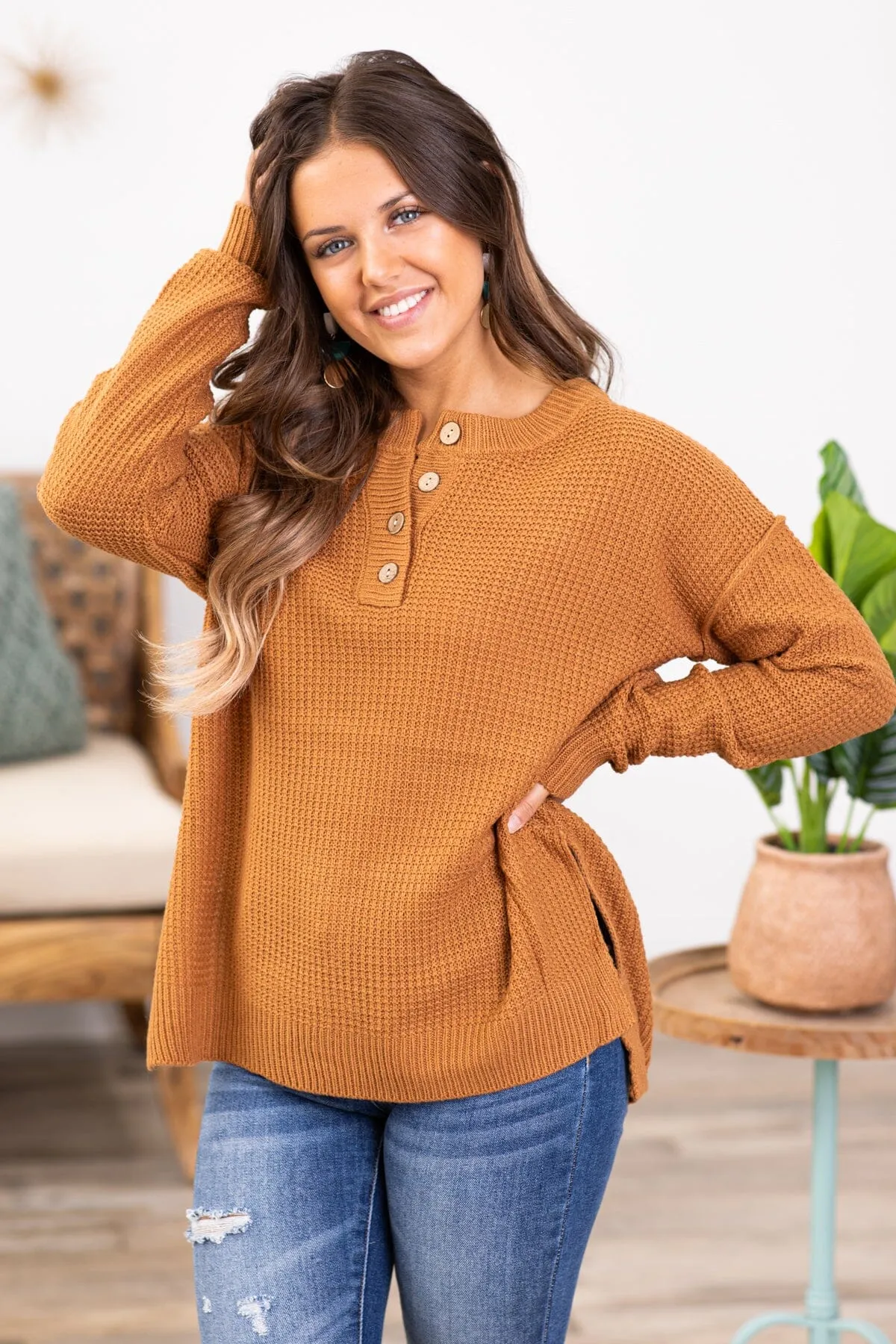 Cinnamon Waffle Knit Sweater With Buttons