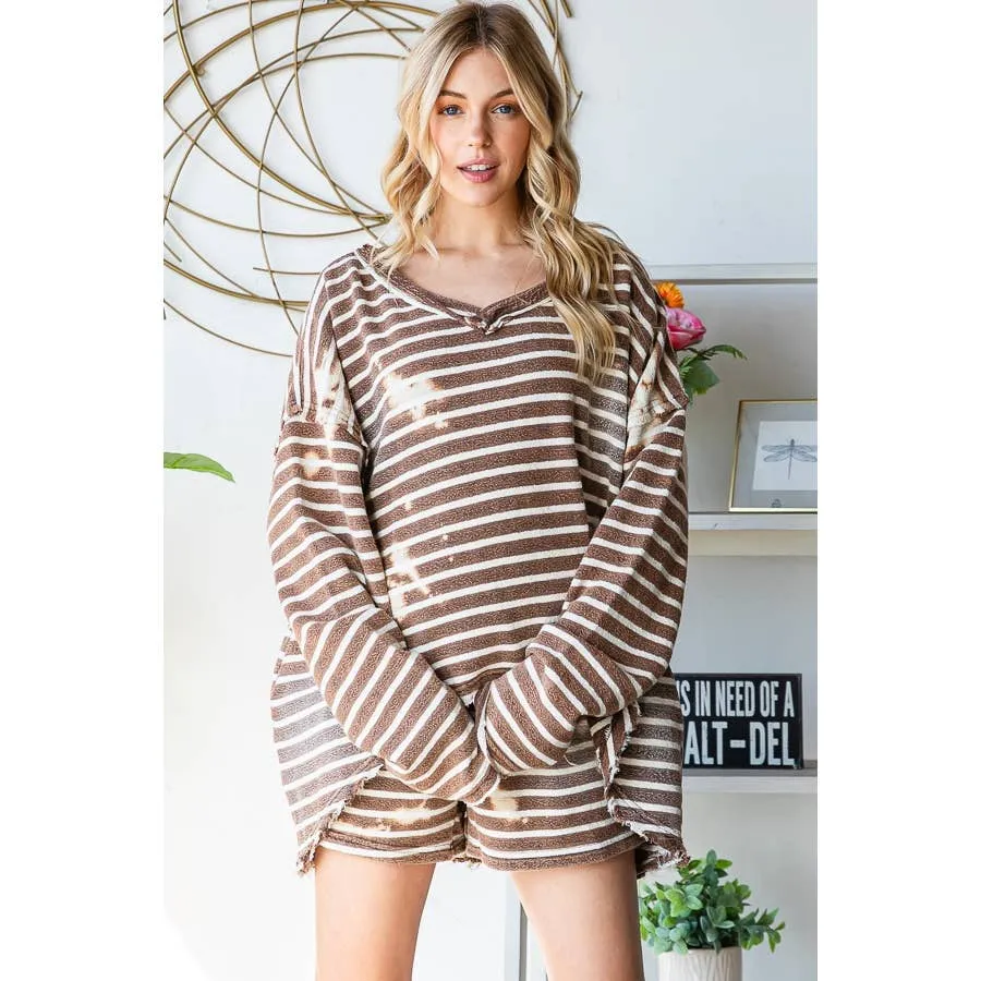 Coffee Washed Striped Loose Fit Oli Hali Top & Shorts Set