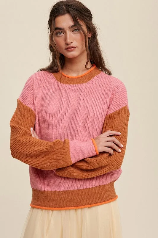 Color Block Ribbed Knit Sweater – Cozy Pullover for Cold Weather Style