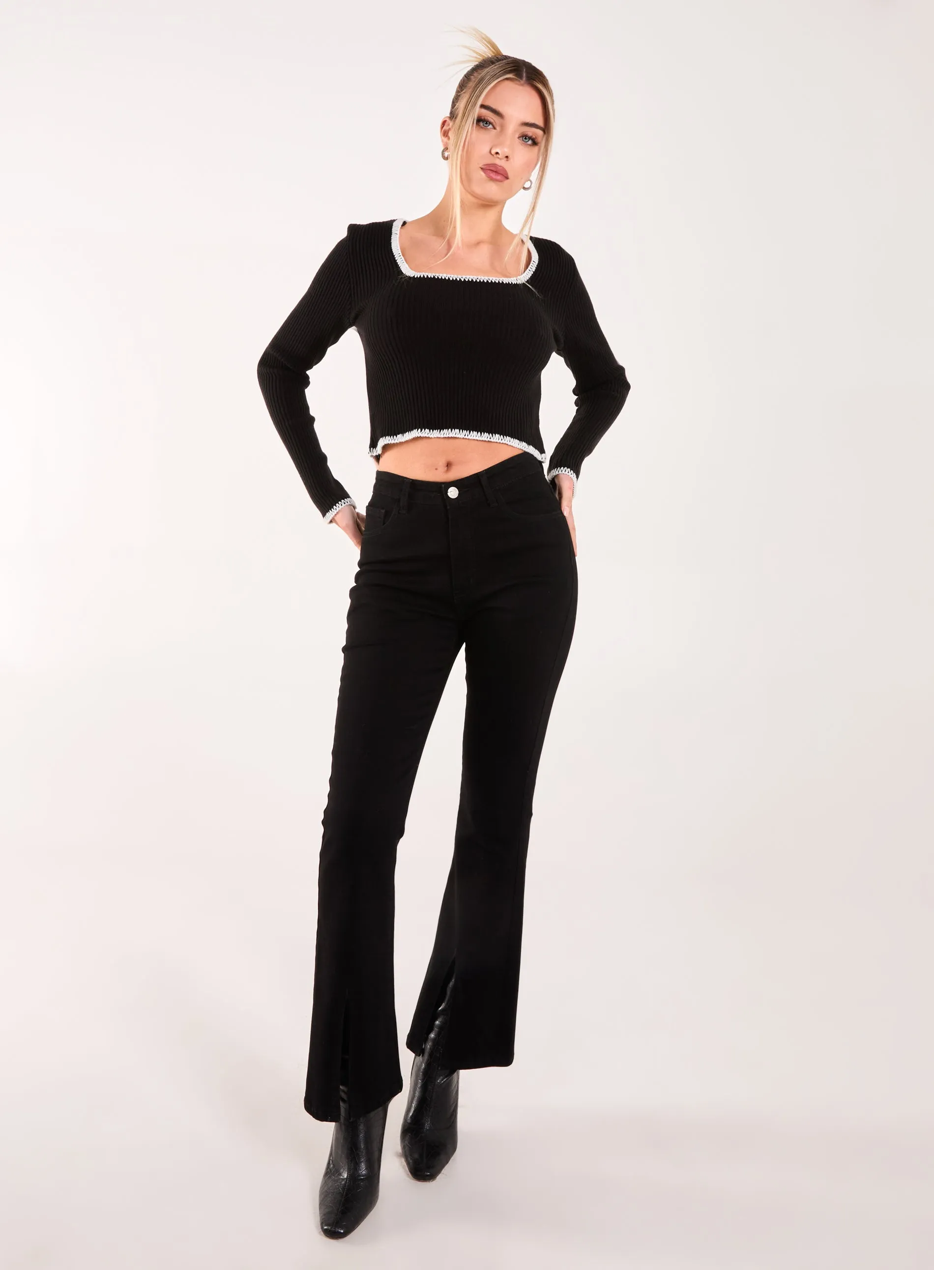 Contrast Stitch Long Sleeve Knit Top