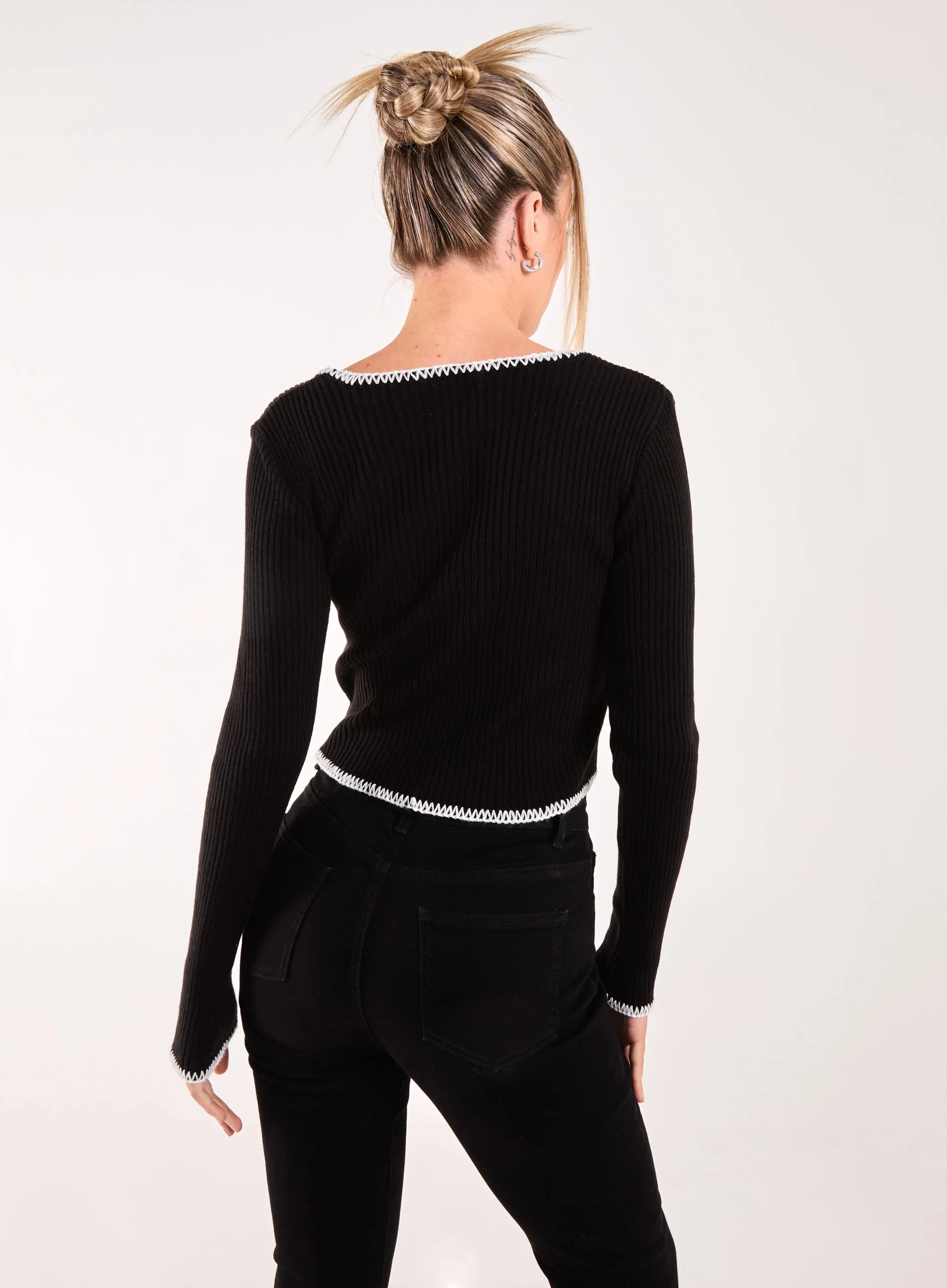 Contrast Stitch Long Sleeve Knit Top
