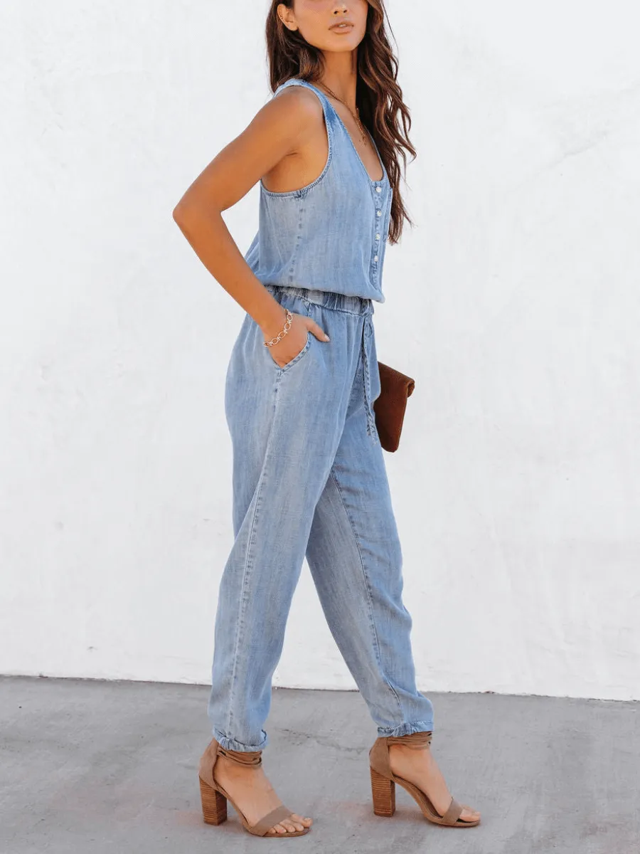 Courtney Pocketed Sleeveless Denim Jumpsuit - Blue