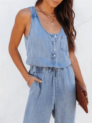 Courtney Pocketed Sleeveless Denim Jumpsuit - Blue