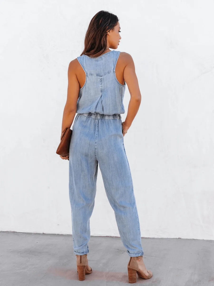 Courtney Pocketed Sleeveless Denim Jumpsuit - Blue
