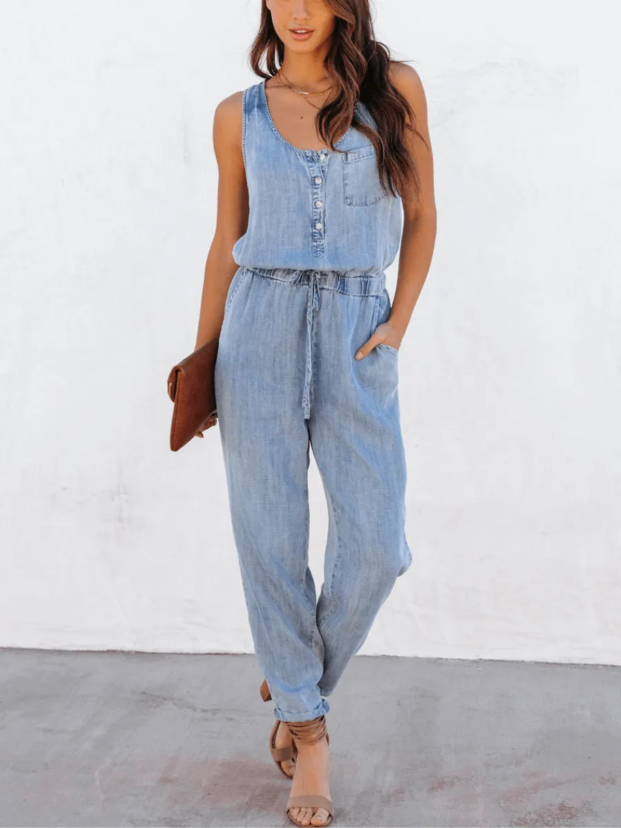 Courtney Pocketed Sleeveless Denim Jumpsuit - Blue