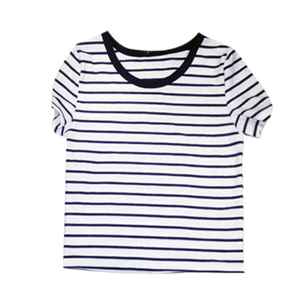 Cropped Tops Female Top Brand Casual Round Neck Short Sleeve Striped Crop T-Shirt
