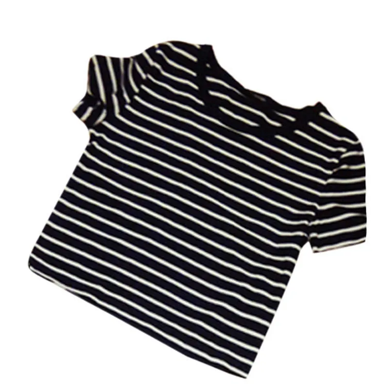 Cropped Tops Female Top Brand Casual Round Neck Short Sleeve Striped Crop T-Shirt