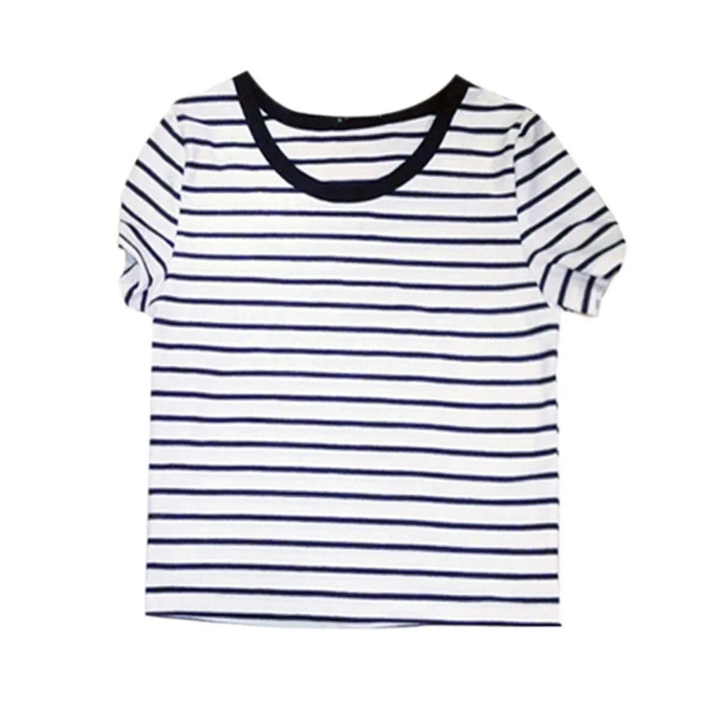 Cropped Tops Female Top Brand Casual Round Neck Short Sleeve Striped Crop T-Shirt