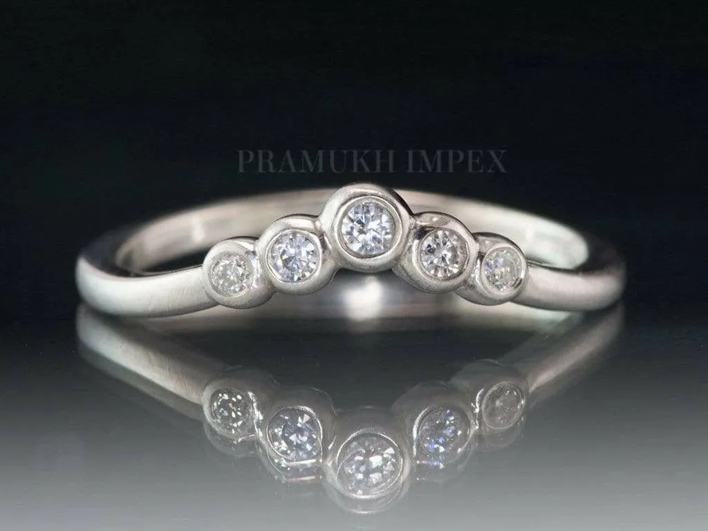 curved wedding band  14k White Gold Engagement Ring  Moissanite Art Deco Wedding Band  Antique Diamond Band