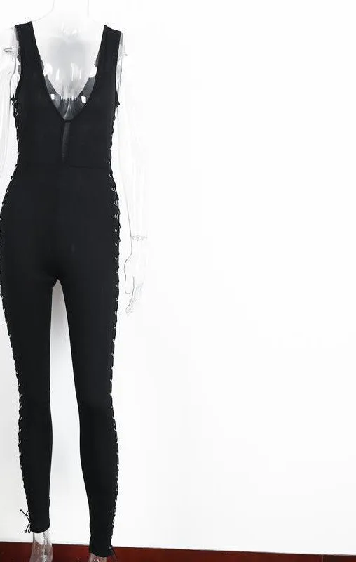 Deep v neck sleeveless side lace up jumpsuit romper bandage elegant jumpsuit women Long pants slim sexy playsuit