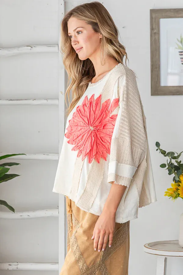 Della  WASHED 3D FLOWER BOXY KNIT TOP-Cream