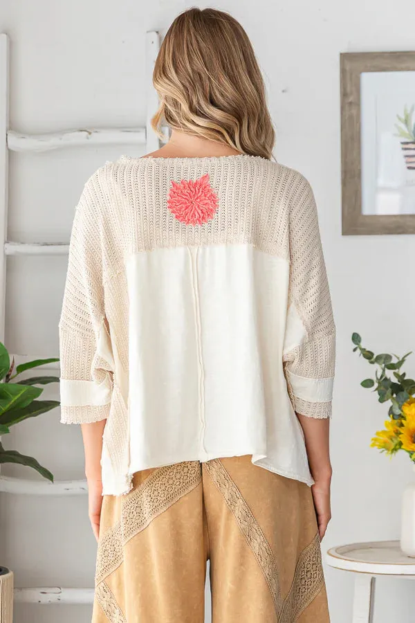 Della  WASHED 3D FLOWER BOXY KNIT TOP-Cream
