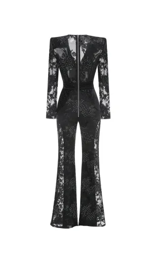 diamond three-dimensional flower jumpsuit in black