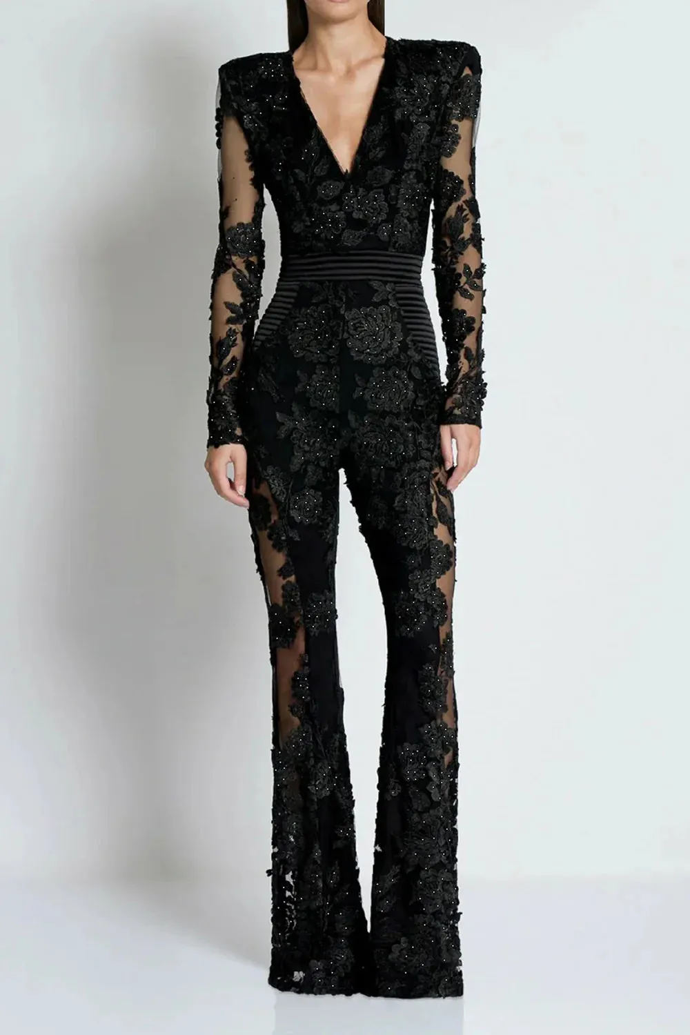 diamond three-dimensional flower jumpsuit in black