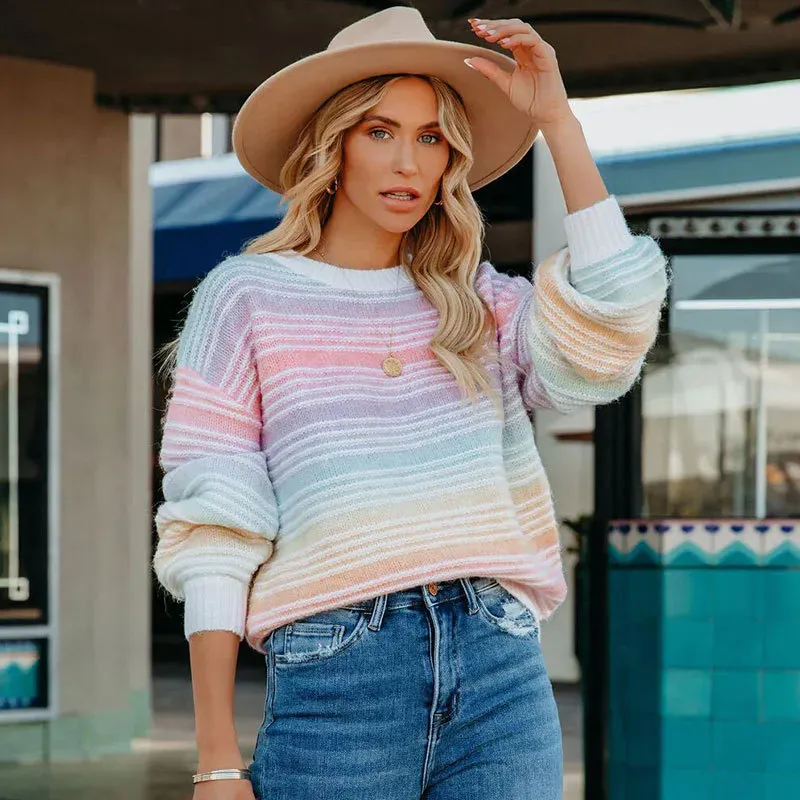 Dream Scene Striped Crew Neck Long Sleeve Knit Sweater