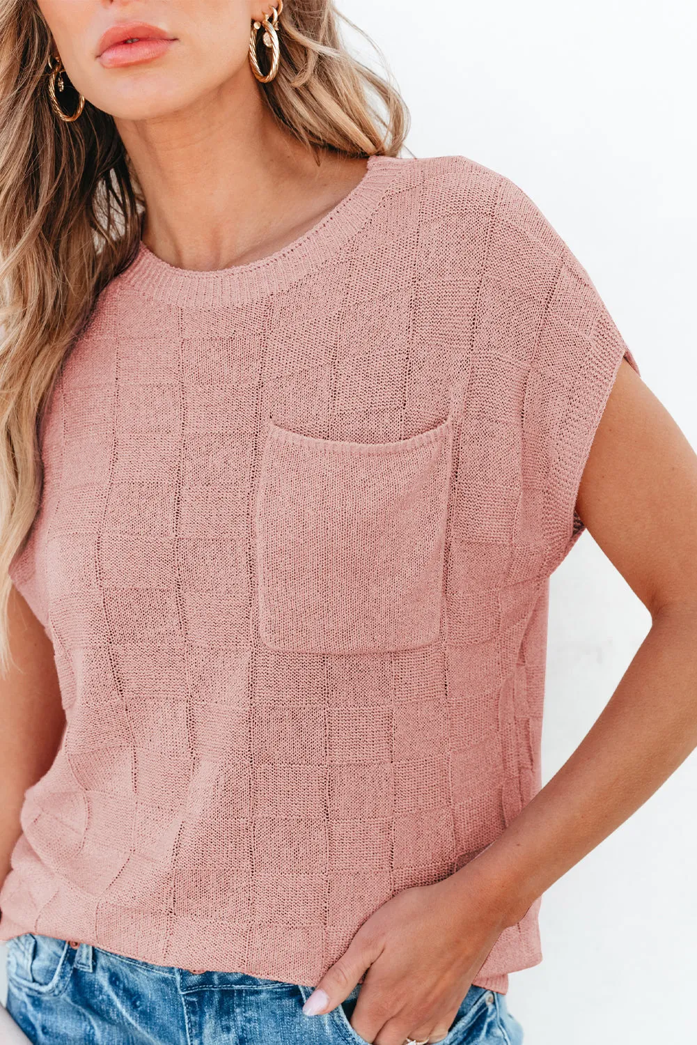 Dusty Pink Lattice Textured Knit Short Sleeve Sweater