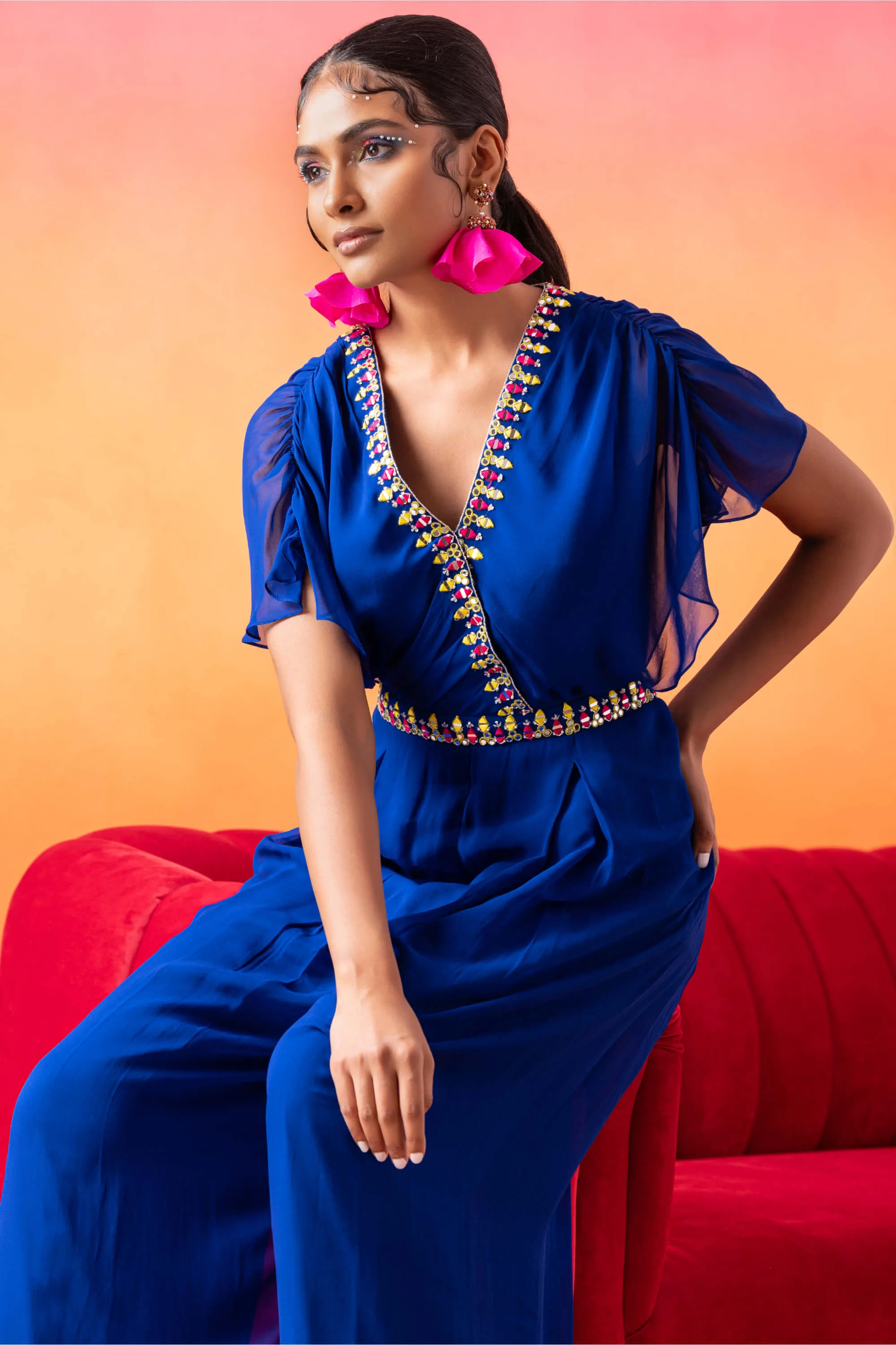 Electric blue pleated jumpsuit