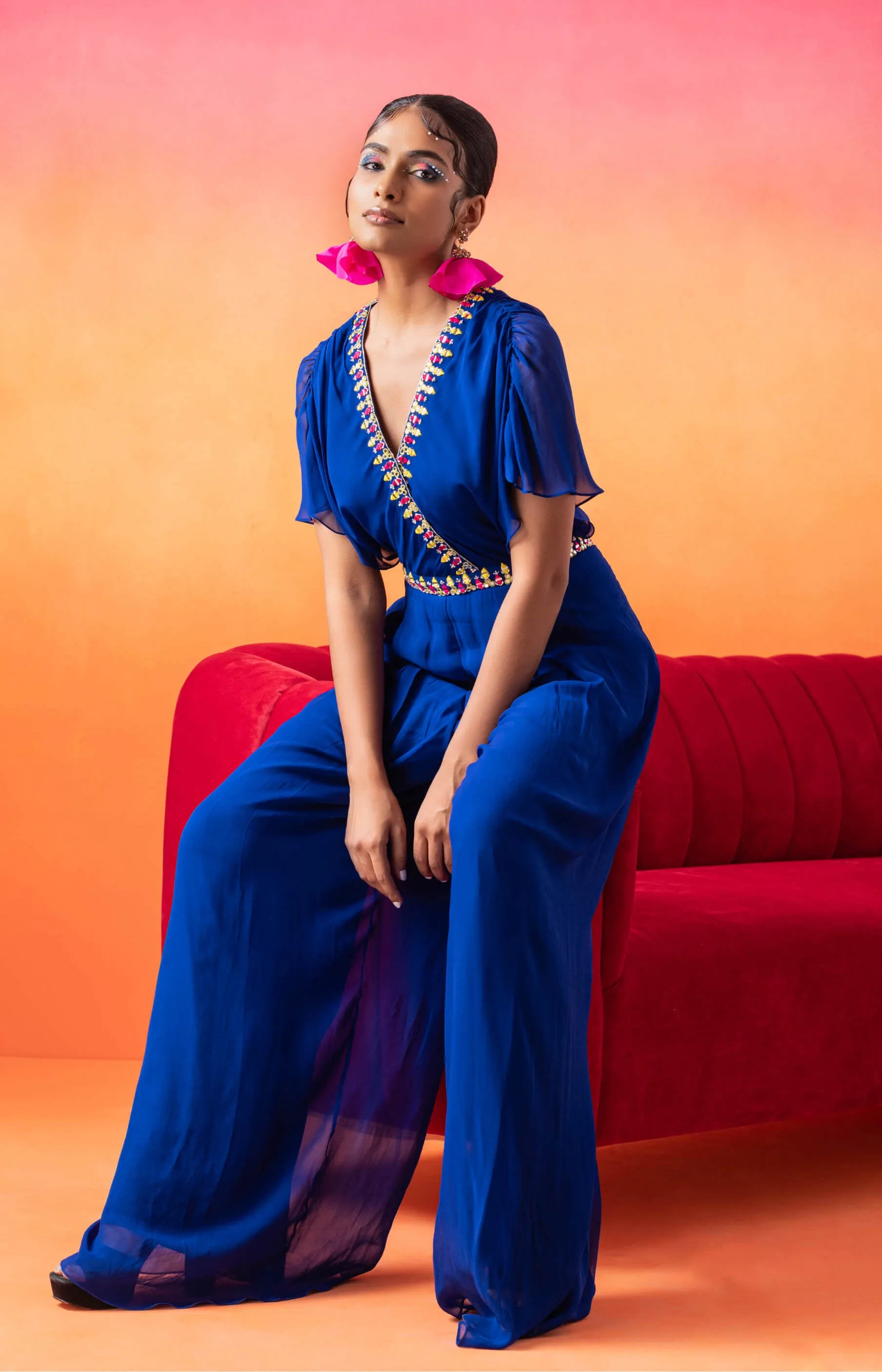 Electric blue pleated jumpsuit