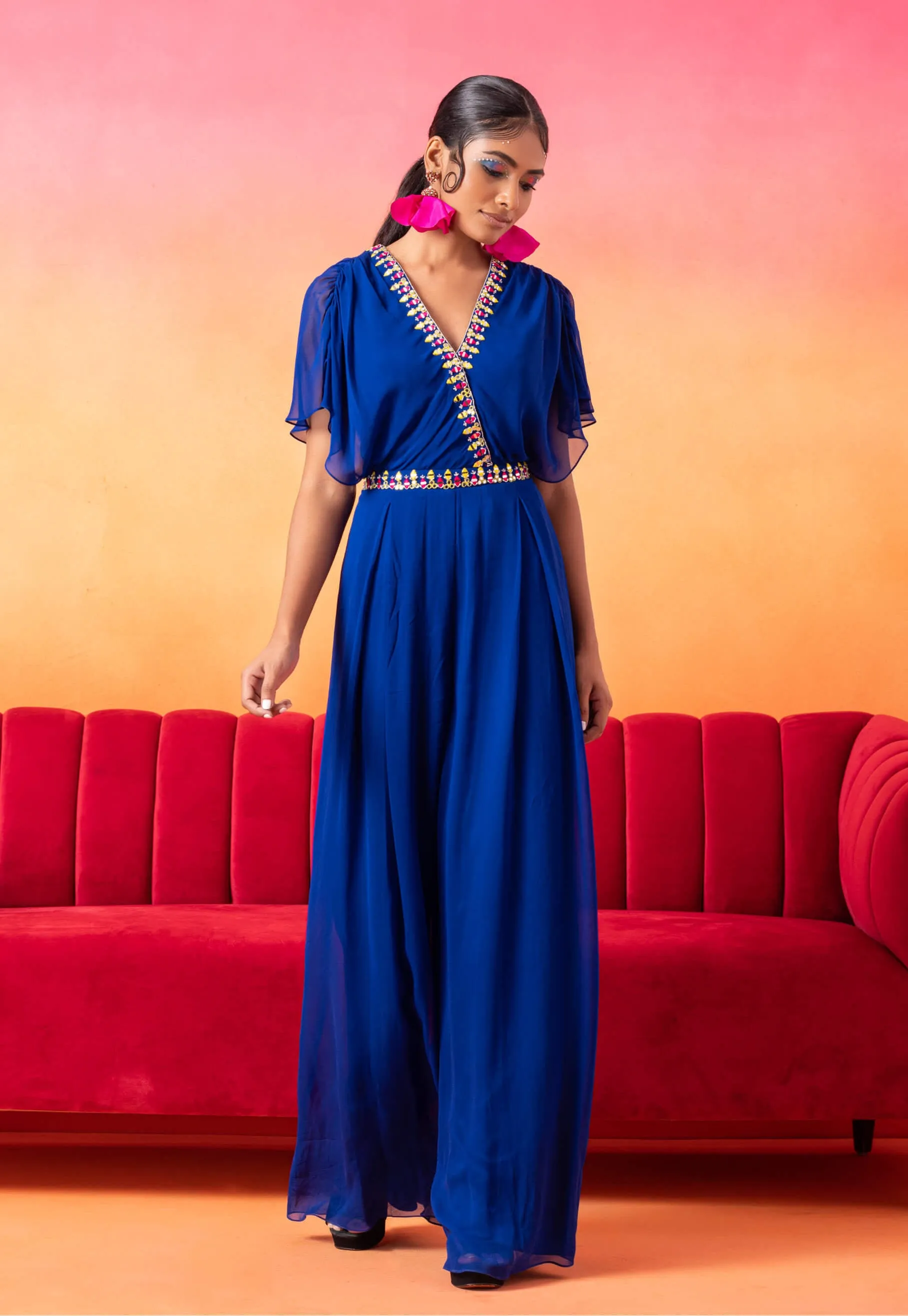 Electric blue pleated jumpsuit