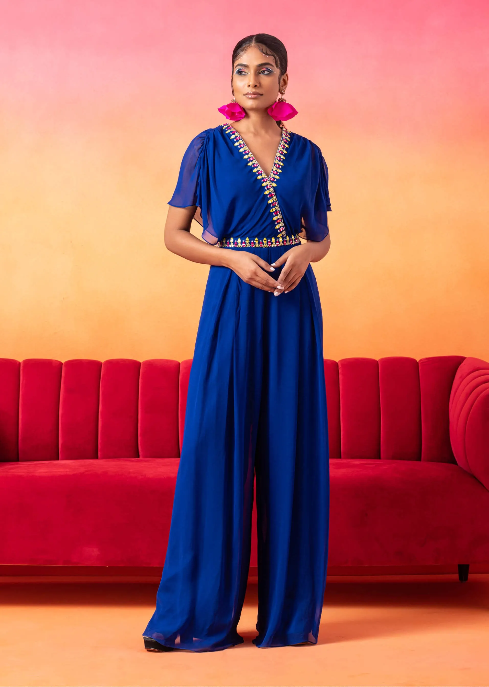 Electric blue pleated jumpsuit