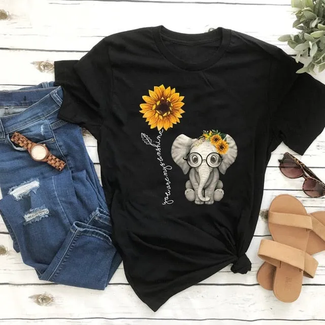 Elephant & Sunflower Print T-Shirt