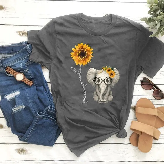 Elephant & Sunflower Print T-Shirt