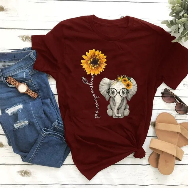 Elephant & Sunflower Print T-Shirt