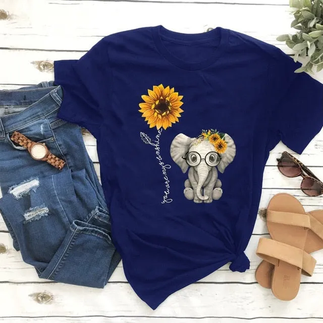 Elephant & Sunflower Print T-Shirt