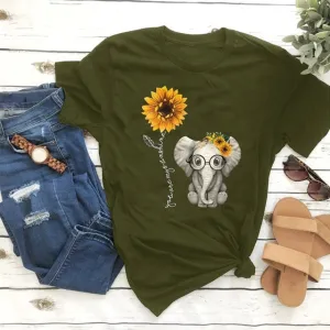 Elephant & Sunflower Print T-Shirt